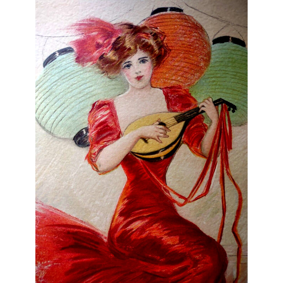 Victorian Art Print Women Lanterns Mandolin Guitar Lithograph 1909 Maud Stumm - Picture 1 of 4
